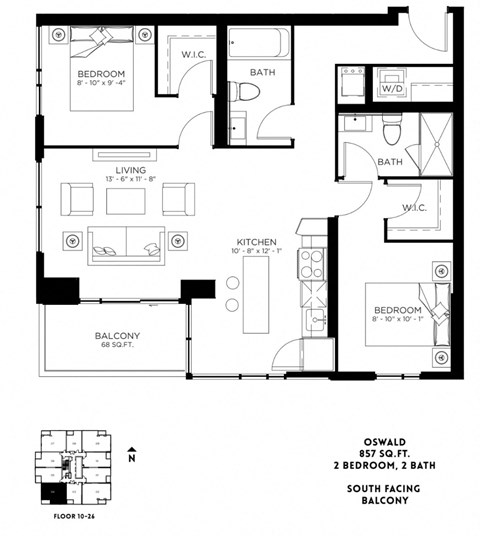 Floor plan for 2 beds, 2 baths, 857 sqft